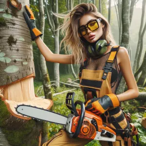 Send young female arborist cutting tree down with chainsaw