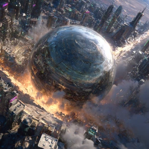 A massive, futuristic metallic sphere descends at hypersonic spe...