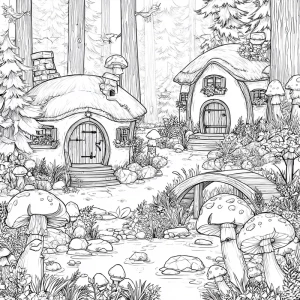 Whimsical fantasy garden scene in detailed black-and-white line...