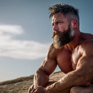 A close-up portrait of a muscular white man with a beard, sittin...