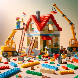 2 lego poppetjes die een huis bouwen
