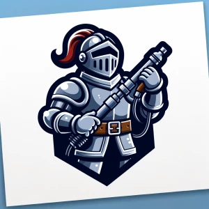 a full body cartoonish knight mascot holding a pressure washing...