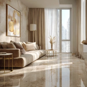 Ultra-realistic photo of a luxury living room in matching warm b...