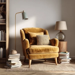 Create a cozy Scandinavian reading corner featuring a velvet arm...