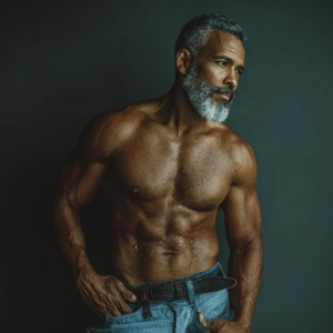Generate an image featuring a mature, muscular man exuding confi...