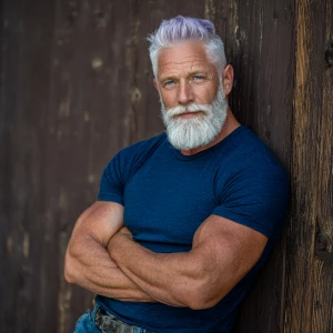 A confident older man with pastel lavender hair styled in a mode...