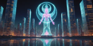 A sparkling metropolis of translucent skyscrapers made of futuri...