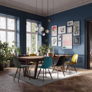 Create an image of a Nordic dining room featuring deep blue wall...