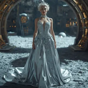 In the center of an opulent lunar colony, a queen in a gown of s...