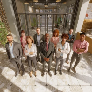 Show a dynamic scene at the entrance of a contemporary office bu...