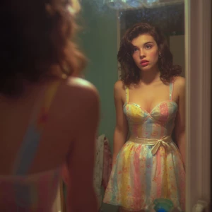 Generate a retro realistic phot depicting a popular brunette on...