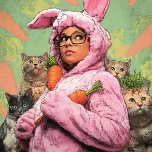 Create an image of a person wearing a fluffy pink bunny costume...