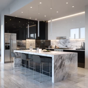 Create a luxurious modern kitchen with matte black lower cabinet...