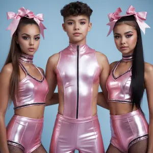 A boy is standing in between 2 girls the girls are wesring latex...