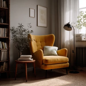 Create a cozy Scandinavian reading corner featuring a velvet arm...