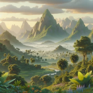 Create a stunning 3D rendering of a picturesque Khmer mountain l...