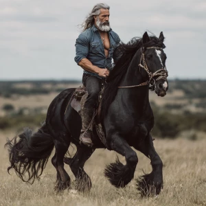 A bodybuilder man with a rugged beard and long gray hair, dresse...