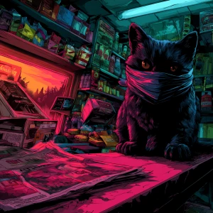 A masked street cat. Hostage cat trembling behind the counter, s...
