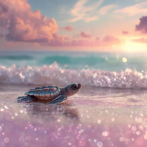 A baby sea turtle named Tika making its way across the damp, yie...