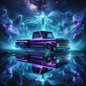 A classic purple C10 truck with custom rims is the centerpiece o...
