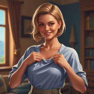 SMILE IN FLARTY WAY AND ADJUSTING HER CLOTH