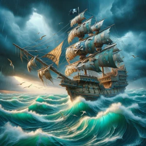 A pirates ship is sailing the sea and sinks due to bad weather