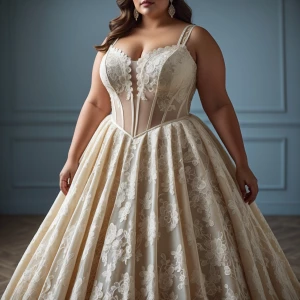 A plus size ball gown with beautiful unique beeded lace, the top...