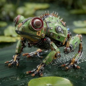 Generate a detailed image of a futuristic frog-like robot with a...