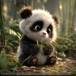 “Ultra-cute baby panda sitting in soft morning light, holding a...