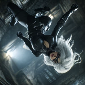 An original feline-inspired female anti-hero in a sleek black ta...