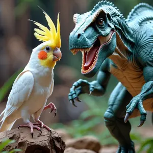 Generate an image of a tiny, cute cockatiel fearlessly confronti...