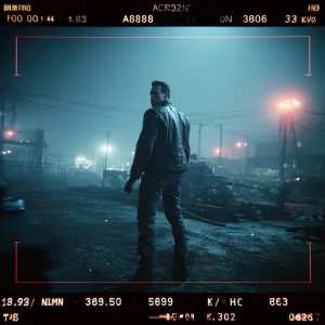 "A wide cinematic shot from a live-action 1990s sci-fi movie. Fr...