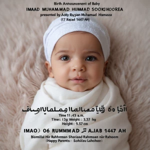 Birth announcement of baby Imaad Muhammad Humaid Sookhooreea pre...