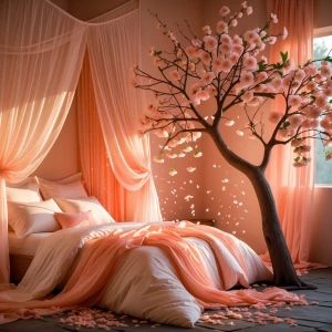 A serene bedroom bathed in soft peach tones, with bedding, curta...