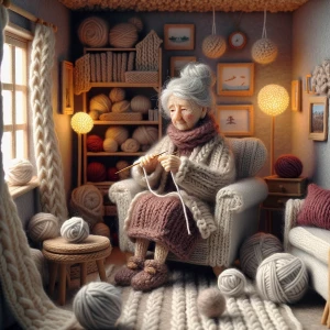 A cozy knitted dollhouse living room entirely made of wool and y...