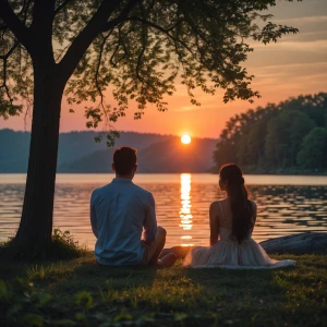 a man sit under tree at lake side and seen sun set with his soul...