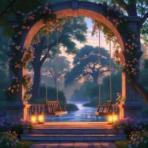 Garden Swing Arch Porch: A serene back porch framed by a towerin...