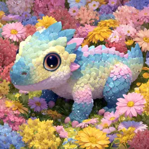 Generate an adorable dinosaur with pastel-colored scales, big sp...