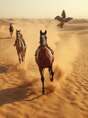 A shot of (horse and camel and Falcon)   competing in a desert r...