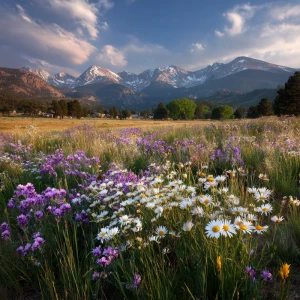 Ultra-cinematic 16:9 wide shot of Rocky Mountain National Park i...