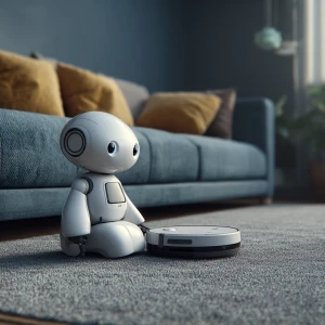 Humanoid robot vacuuming a living room floor.