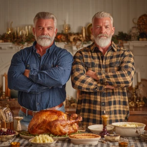 Two bodybuilders men wearing blue jeans and 2 different flannel...