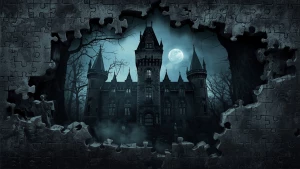 Create a dark and eerie cutaway scene of a haunted castle, perfe...