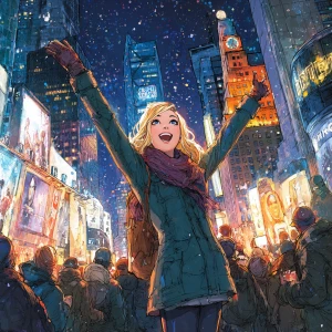 A young woman celebrating New Year's Eve amidst the vibrant ligh...