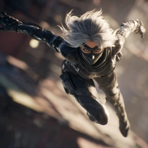 A silver-haired, masked female anti-hero mid-leap in an urban ro...