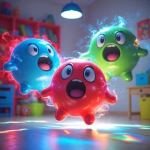 Bright kids room, three floating anthropomorphic blobs of pure c...