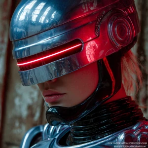 Smurfette "RoboCop-style armor" + "horizontal red LED visor":