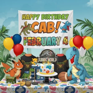 Banner states,
“Happy Birthday Cab!
February 4”
(Cartoon style;...