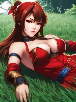 Generate an image depicting a girl in a red Kitana costume from...
