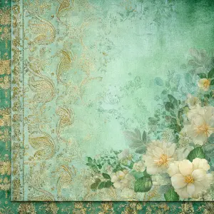 Elegant mint green sari lace scrapbook paper, soft cream parchme...